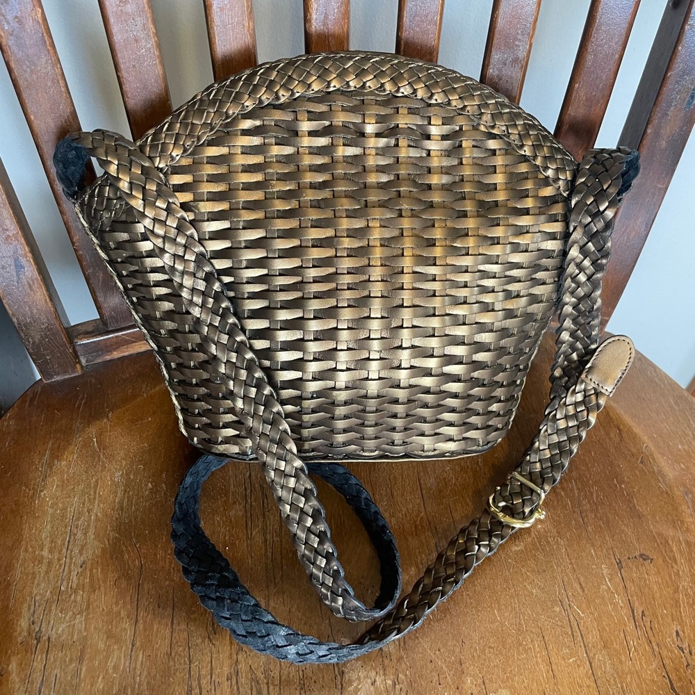 VTG 80s Brio! Metallic Woven Leather Basket Bag Braided Strap Bronze Gold‎ Korea
